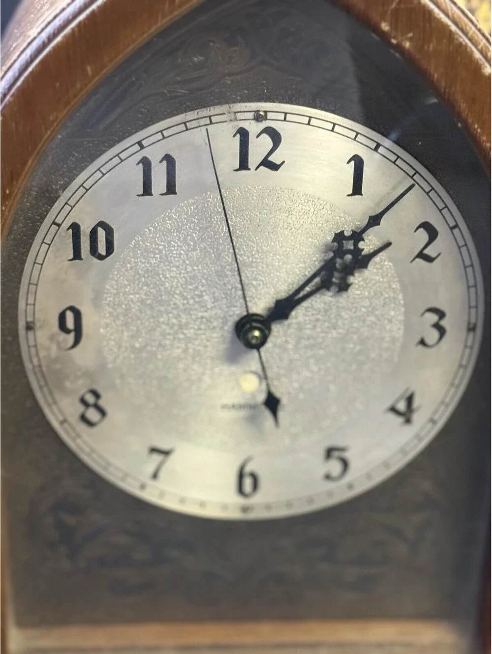 Vintage 1930s Hammond Electric Wood Desk Clock Gothic Arch Spin Start Art Deco